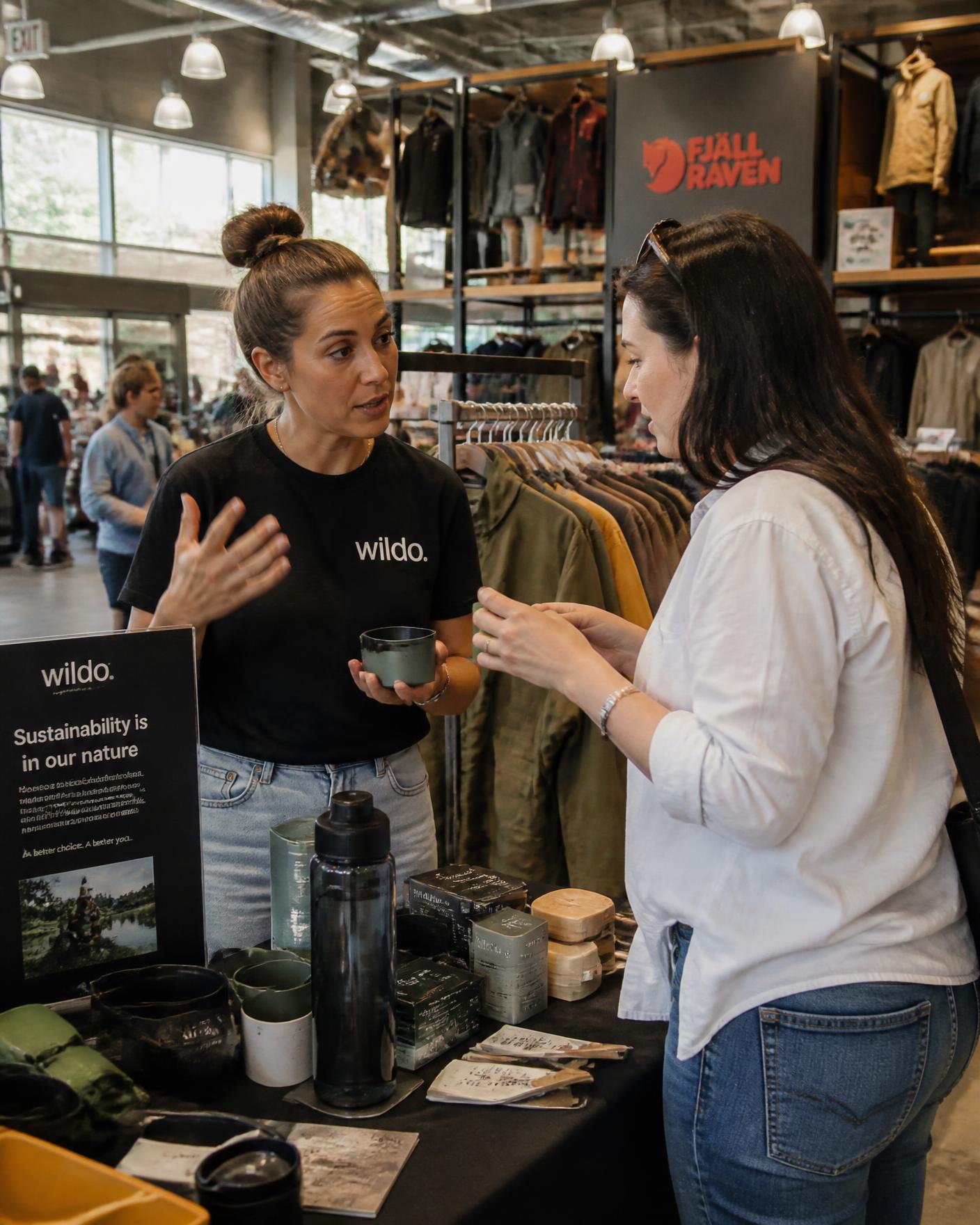 A brand representative demonstrating a product to a customer at a retail activation table