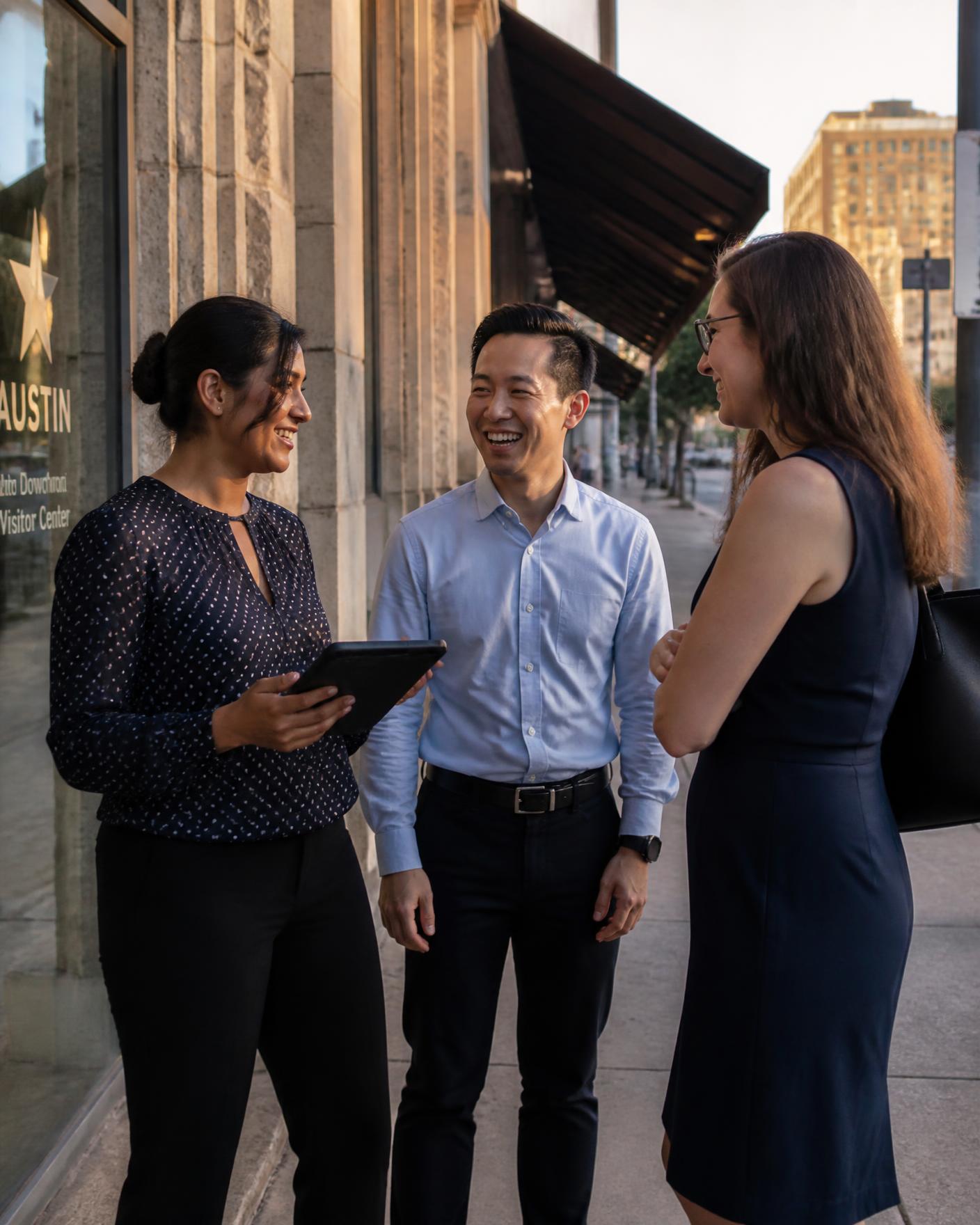 Three colleagues debriefing on an Austin sidewalk at the end of the day