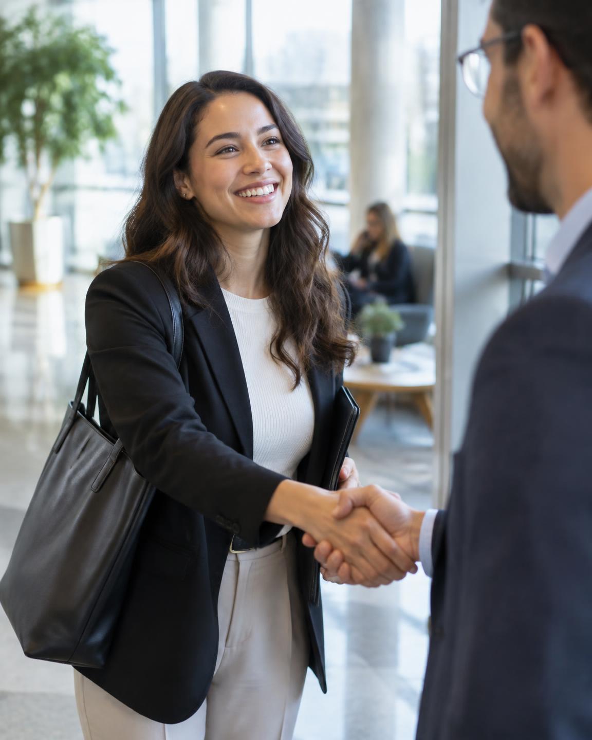 A candidate shaking hands and smiling after a successful interview