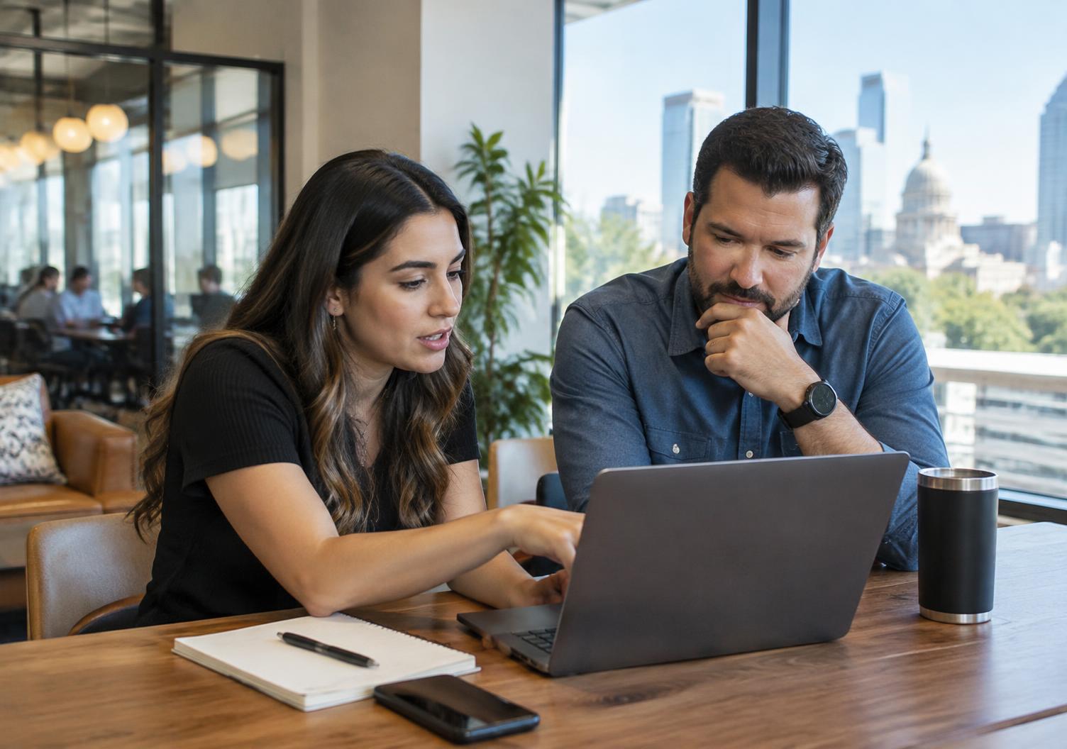 A recruiter and a hiring manager reviewing candidate profiles together on a laptop