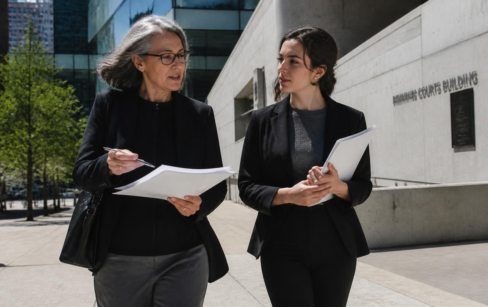 Two professionals reviewing printed market notes while walking past Austin architecture